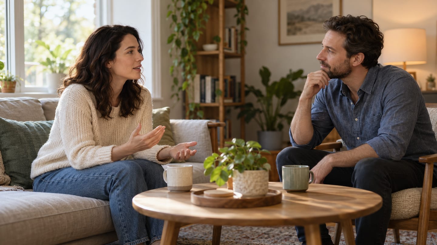 Two adults seated across a small table, talking in a sunlit living room.