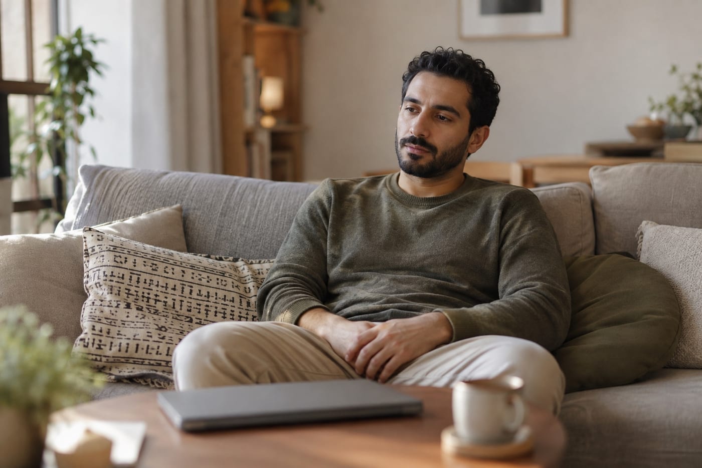A man seated on a sofa with his hands in his lap and a closed laptop on a nearby table.