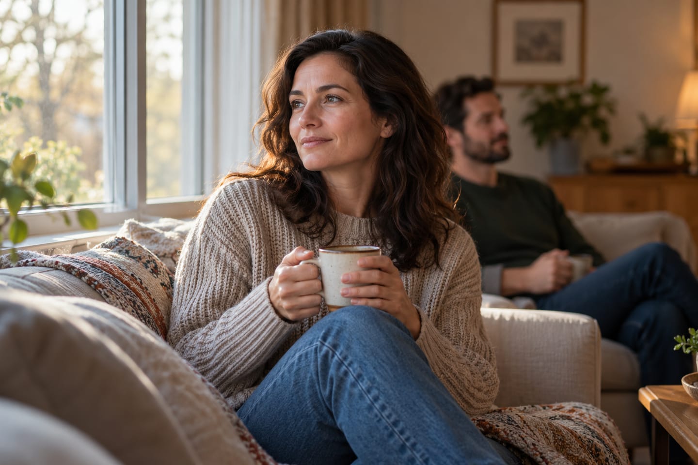 An adult holding a ceramic cup beside a window, with another person in the background.