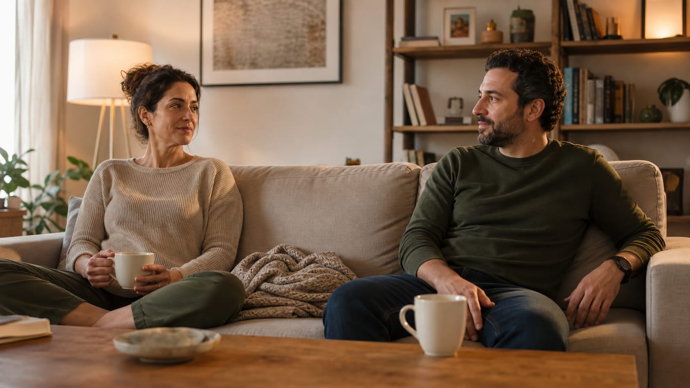 A couple sitting together at home with gentle emotional distance, turning toward each other to reconnect