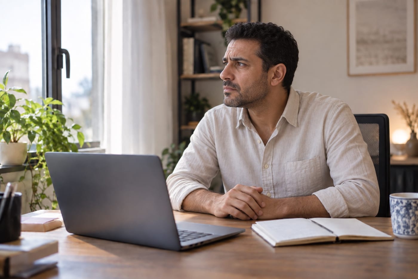 An adult seated at a tidy desk beside an open laptop, looking toward a window.