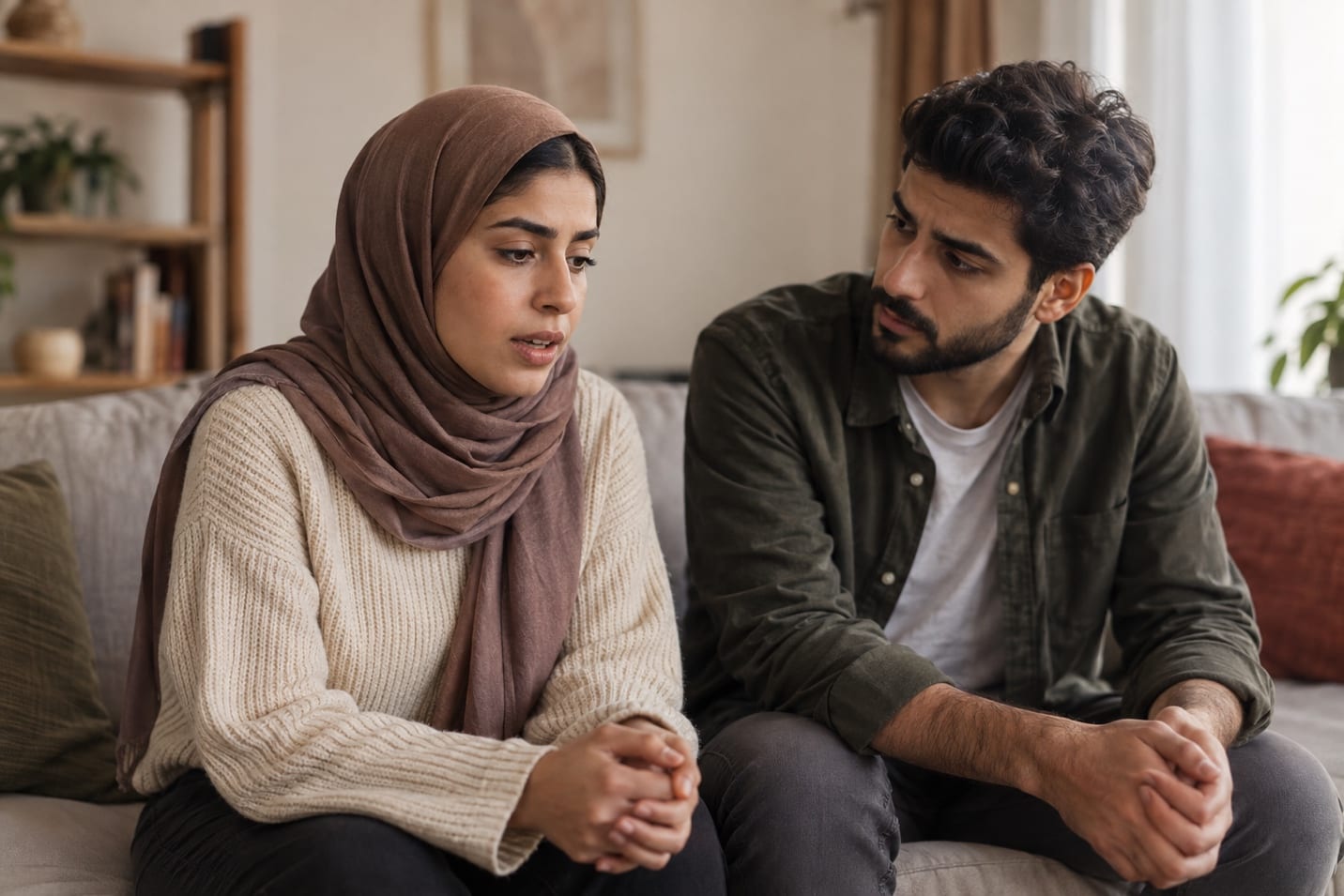 شخصان بالغان يجلسان في غرفة معيشة، أحدهما يضم يديه بينما يجلس الآخر مواجهًا له.