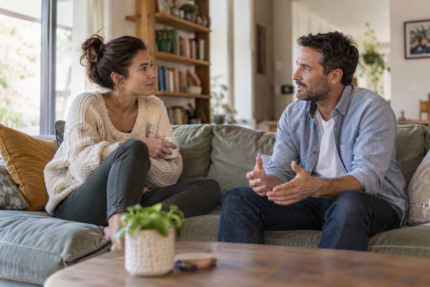 Two adults sitting on a sofa facing each other in conversation.