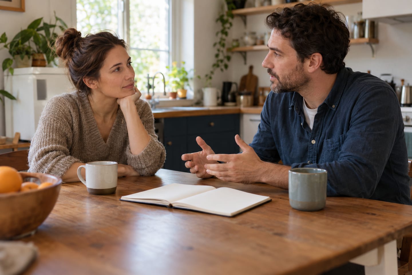 Two adults talking across a kitchen table with an open notebook between them.