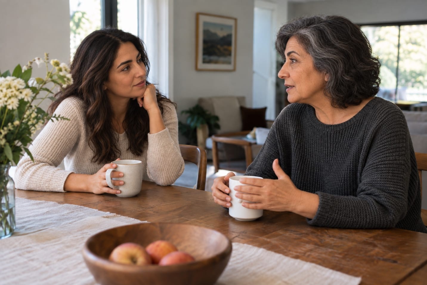 An adult daughter and her older mother talking over mugs at a wooden dining table.